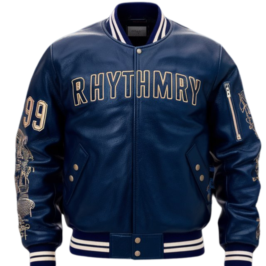 Rhythmry Soundwave Blue Leather Bomber Jacket