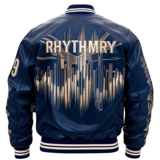 Rhythmry Soundwave Blue Leather Bomber Jacket