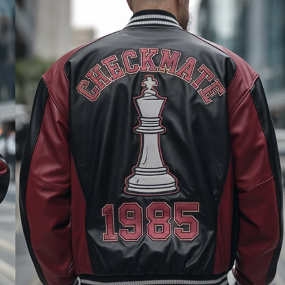 Jet Black & Ruby Red Chess Bomber Jacket