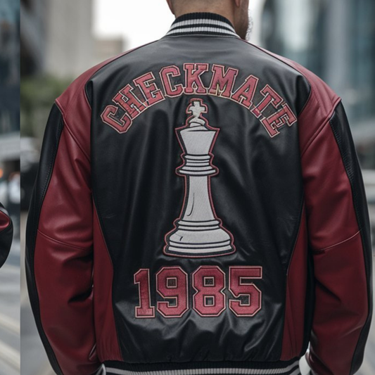 Jet Black & Ruby Red Chess Bomber Jacket