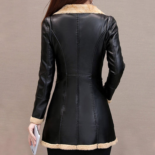 Genuine Sheepskin Lapel Collar Shearling Faux Fur Lined Trench Style Leather Coat Jacket